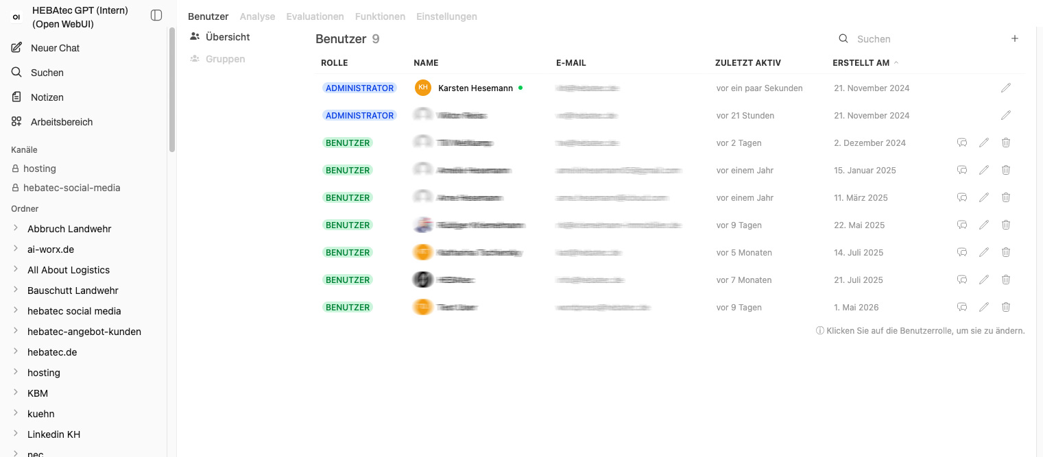 Benutzerverwaltung in OpenWebUI: Liste aller Nutzer mit Rolle, Name, E-Mail und letzter Aktivität