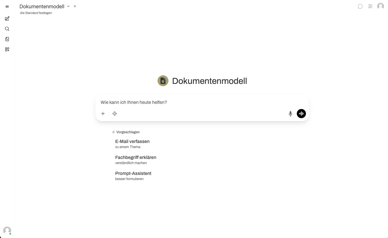 OpenWebUI: Chat-Oberfläche mit Modellauswahl, Eingabefeld und Vorschlägen