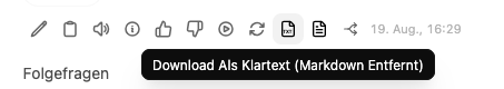 Aktionsleiste unter einer Antwort mit hervorgehobenem Symbol „Download Als Klartext“
